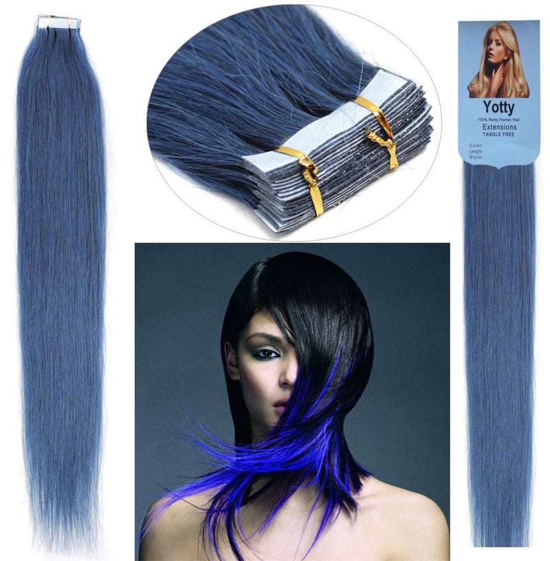 Yotty Hair Extensions Tape in Seamless Skin Weft Remy Human Hair (16Inch 10Pcs, Blue) - Image 2